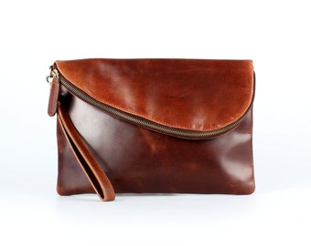 Leather Fold Over Clutch, Evening Bag, Wristlet, Mid Brown