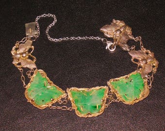 Sterling silver linked bracelet with carved jade butterflies inserts