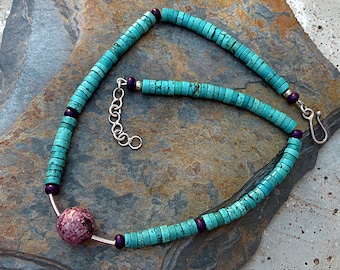 Turquoise Heishi Necklace w/Purple & Silver Accents/Floating Focal Bead/Urban Tribal . Rustic Boho Tribal Southwest Style Jewelry