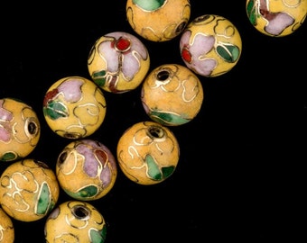 Yellow cloisonne bead, 8mm, pkg of 4. b2-0074(e)