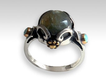 Unique ring for her, gypsy ring, hippie Ring, green Labradorite Ring, engagement ring, two tone ring, bohemian ring - Peace On Earth - R2216