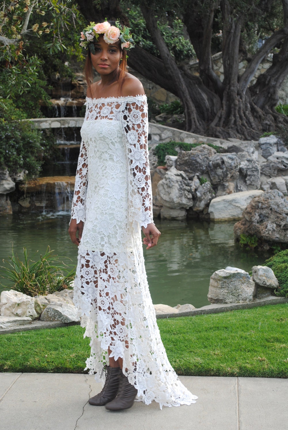 High Low Lace BOHEMIAN WEDDING DRESS Off Shoulder Crochet PERSONALIZED SHOPPING EXPERIENCE For the laid-back bride