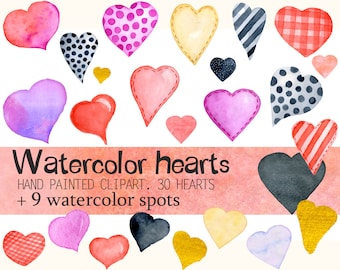 Watercolor Valentine's Clipart | Love Clip Art - Romantic watercolor Hearts, watercolor spots, backgrounds - Digital Clipart, PNG Files