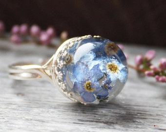 Real Flower Ring Forget me Not ring Terrarium ring Sterling silver forget me not Pressed Flower Ring Botanical Jewelry Dried flower jewelry