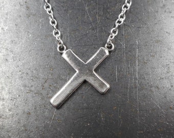 Fine Silver Cross Necklace- Christ Carrying the Cross- Sideways Cross Necklace- Simple Cross Pendant- Religious Jewelry- Sterling Silver