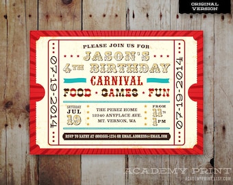 Printable Children's Birthday Party Invitation - Circus / Carnival Theme - Gender Neutral - Boy or Girl Carnival Ticket Invitation