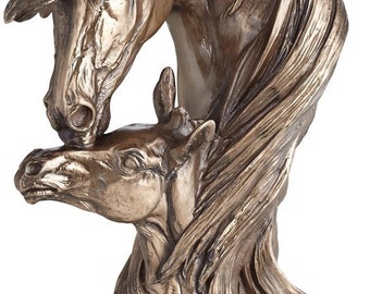 Mare and Filly Horses Golden Bronze 13" High Statue