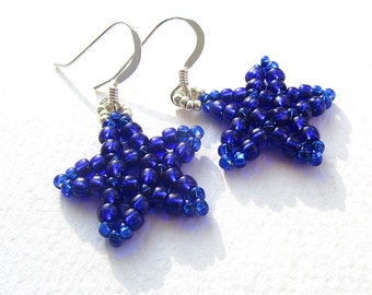 Star Earrings, Bright Shiny Dark Blue, Seed Bead Earrings, Sterling Silver Wires