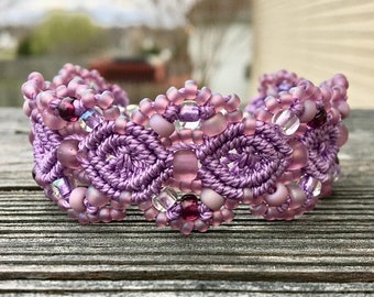 SALE Micro-Macrame Beaded Cuff Bracelet - Orchid