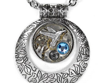 Steampunk Jewelry Necklace Vintage Watch Silver Etched ORB Bird, AQUA Crystal Steam Punk Wedding Anniversary - Jewelry by Steampunk Boutique