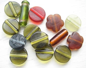 Rustic bead mix (14pcs), rustic glass beads, earth tones, glass discs, handmade glass, Indian glass, olive brown, glass bead mix