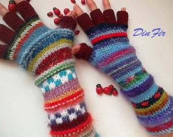 Women Size L 20% OFF Ready To Ship Gloves Mittens Wrist Warmers Winter Hand Knitted Arm Crochet Half Fingers Multicolor Cabled Striped 66
