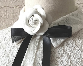 Timeless style collar necklace, Runway neck tie for women, white floral necklace, Secretary blouse, Ascot bow, free shipping, gift for her