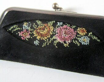 Vintage Black Leather Case Manicure Nail Germany Scissors File Personal Travel Kit Embroidered Flowers