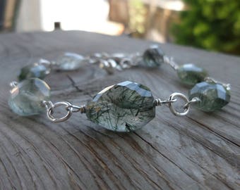 Rare Green Rutilated Quartz Sterling Silver Wire Wrapped Birthstone Gemstone Bracelet