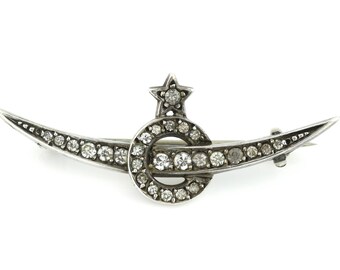 Beautiful Victorian Silver Paste Crescent Moon Brooch c.1900