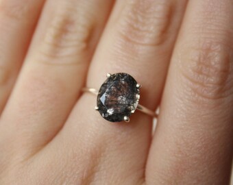 Oval Faceted Tourmalinated Quartz Ring in sterling silver - sterling silver tourmalinated quartz ring - rutilated quartz ring - black rutile