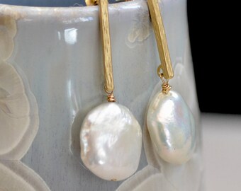 White Pearl Gold Earrings. Extra Large Baroque Pearl Earrings. Fresh Water Peal Coin Gold Posts. June Birthstone. Wedding Jewelry.