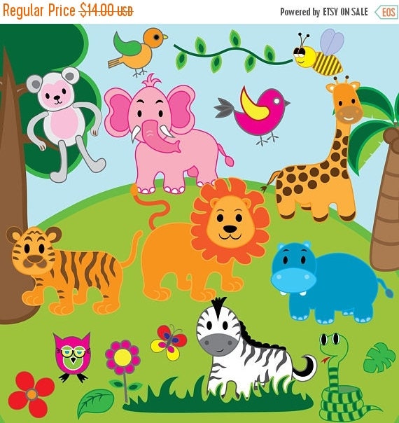 ON SALE Jungle Animals Clipart, Safari Zoo Animals Elephant Tiger ...