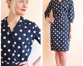 1950s Dress // Polka Dot Sheath Dress // vintage 50s dress