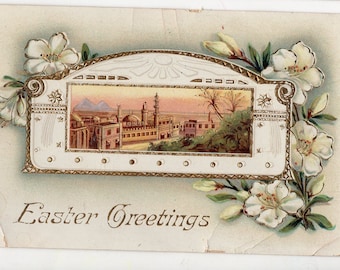 Easter Vintage Postcard, landscape with pretty flowers, Jerusalmen, gel card