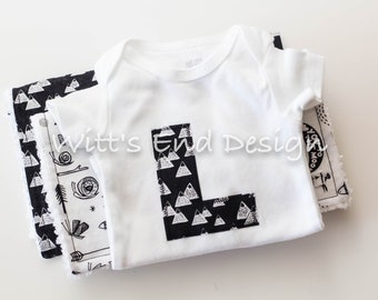 CUSTOM Baby Boy Initial or tie applique Onesie and matching chenille Burp Cloth Set-MOUNTAIN ADVENTURE