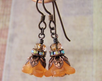 Tiger Lily Sparkle Earrings Orange Lucite Flower Art Deco Antique Copper or Niobium Ear Wire Rhinestones