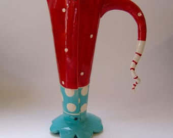 whimsical pottery Vase or Pitcher, turquoise & red polka-dot colorful ceramics, Dr Seuss home decor