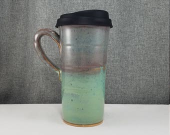 IN STOCK* Ceramic Travel mug / Commuter mug with silicone lid - Teal - Violet