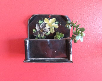 Antique Tole Ware Black Wall Hanging Comb Case with Hand Painted Flowers