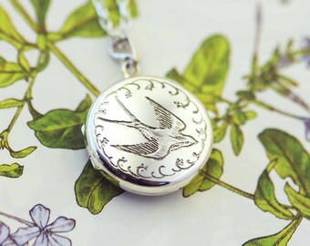 Silver Swallow Locket, engraved locket, keepsake, swallow jewellery, Uk maker