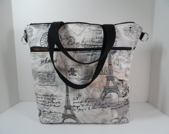 Handmade computer tote bag, quilted Paris print with 2 large padded zippered sections