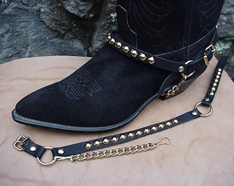 Western Boots BOOT CHAINS BLACK Leather W Gold Studs Bp