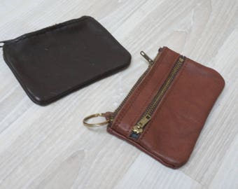 Brown mini keychain leather Wallet change coin pouch change holder with ring purse key chain Vintage clutch real men woman zippered genuine
