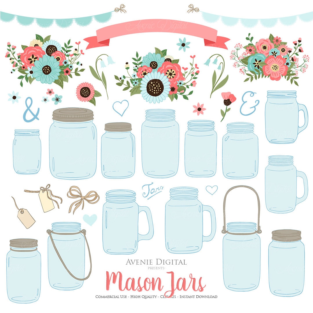 Coral and Teal Floral Mason Jar Wedding Clipart. Scrapbook
