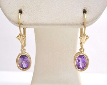 Amethyst Earrings, Gold Earrings, Vintage Earrings, 14K Yellow Gold 1.7 CTW Oval Amethyst Dangle Drop Leverback Earrings #3523