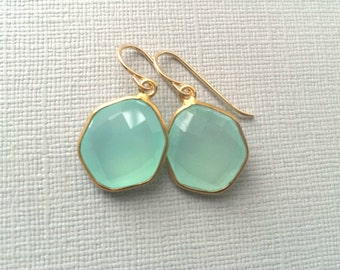 Aqua Chalcedony Earrings, Aqua Chalcedony Gold Earrings, New Shape Aqua Mint Chalcedony Earring,