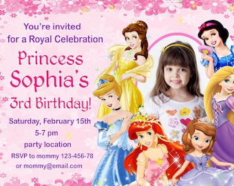 SALE, Disney Princess Birthday Invitation, Disney Princess Invitation, Princess Invitation, girls Birthday Invitation- Digital file
