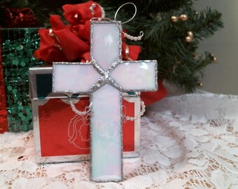 WHITE Iridescent stained glass CROSS w beads suncatcher or ornament