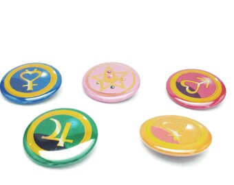 Sailor Moon 1.5 Inch Buttons, Magical Girl, Anime Manga, Inner Senshi, Planet, Sailor Mercury, Mars, Jupiter, Venus, Button, Pin Set