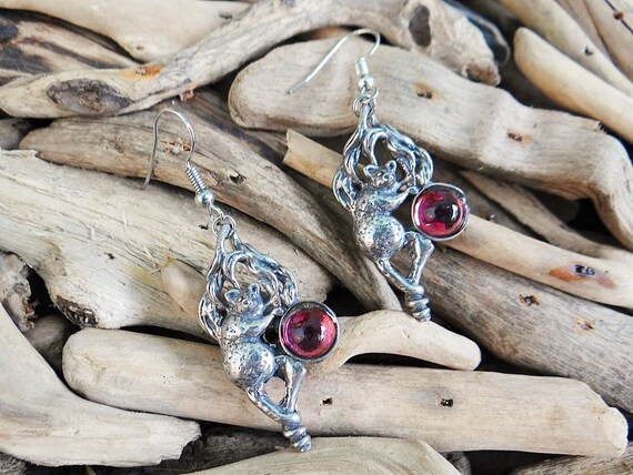 Gorgeous Possum in Tree Pewter Earrings Shiny Dusty Pink / Plum Coloured Magic Glass Dome Cabochon Australia Australian Animal Opossum