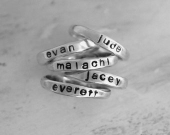 personalized stackable name rings sterling silver 925- hand-stamped customized word ring - custom stacking mother stack ring set jewelry