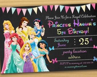 SALE, Disney Princess Birthday Invitation, Disney Princess Invitation, Princess Invitation, girls Birthday Invitation- Digital file