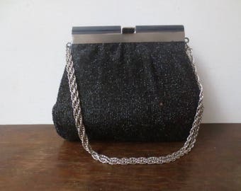 Vintage '60s HL Harry Levine Black Glittery Lurex Purse w/ Silver Rope Chain Handle