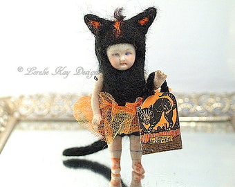 Black Cat Halloween Needle Felted Doll Anthropomorphic Art Doll German Doll Parts Dollhouse Doll Lorelie Kay Original