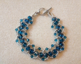 Hand Beaded Loop Bracelet-Teal/Silver-7.5 in.