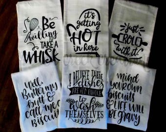 Humorous Flour Sack Towels, Funny Tea Towels, Farmhouse Kitchen Towels