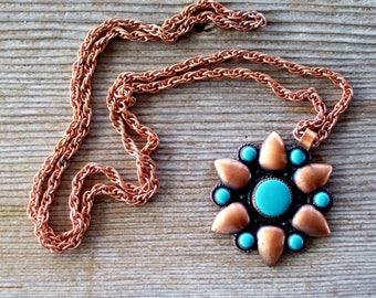Vintage BELL Copper Turquoise Southwestern Pendant Necklace, Southwest Copper, Bell Trading Post, Copper Pendant Necklace, Vintage Bell