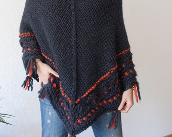 Poncho pure wool - hand knit - ethnic - bohème - tunic sweater