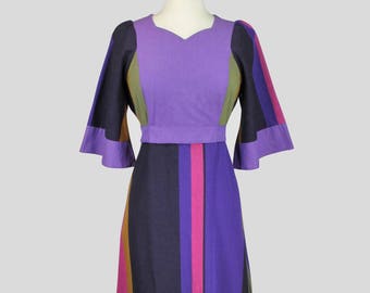 Kaisu Heikkila Oy Vintage 1970s Bohemian Maxi Dress Boho Hippie Scandinavian Color Block Fabric Empire Apron Festival Dress Finland Medium